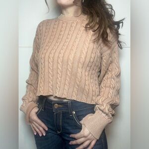 Aerie Tan Cable Knit Turtleneck Sweater Cozy Cropped Oversized L